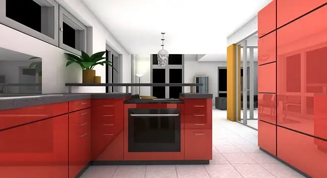 plan 3D de cuisine moderne rouge