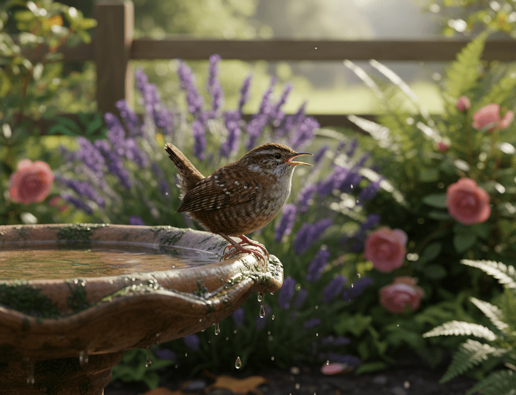 troglodyte mignon dans une fontaine