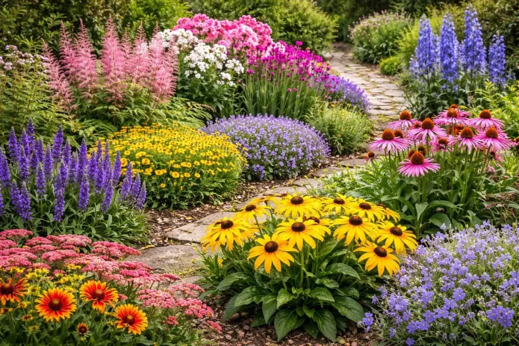 massif de plantes vivaces en bordure de chemin